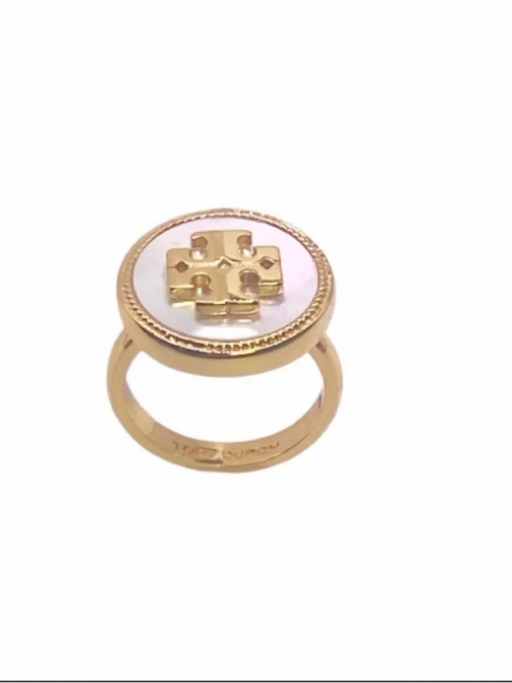 Tory Burch Gold-Tone Ring Mother of Pearl-of-pearl Semiprecious Stone Logo NWT